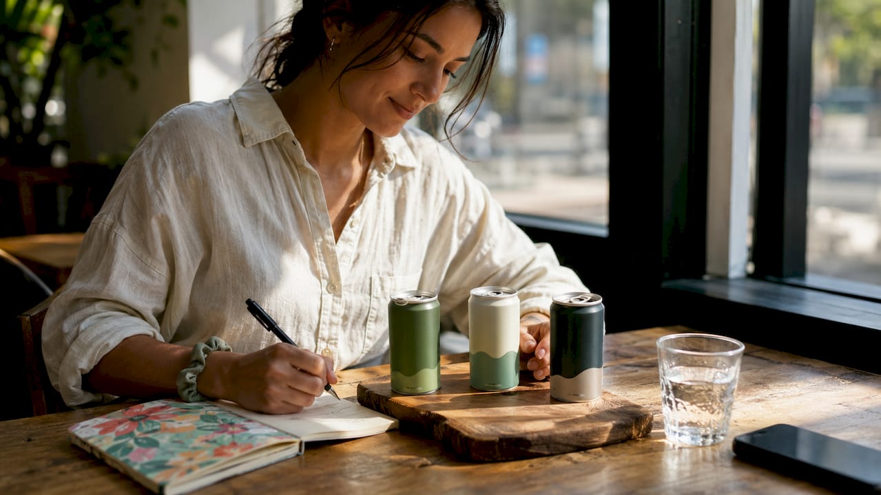Woman tasting THC beverage alternatives at kitchen table