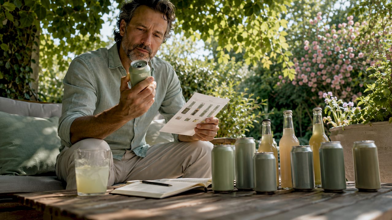 Illinois resident comparing THC beverages at kitchen table