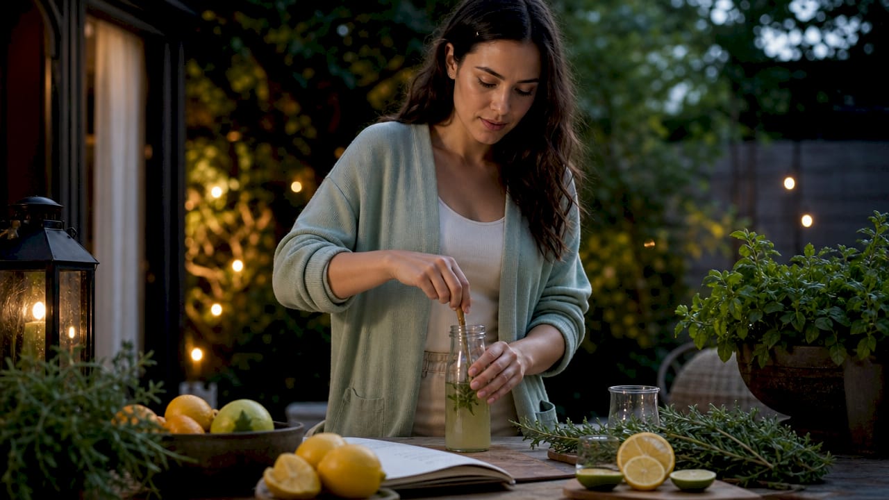 Woman making low-calorie cannabis beverage at home