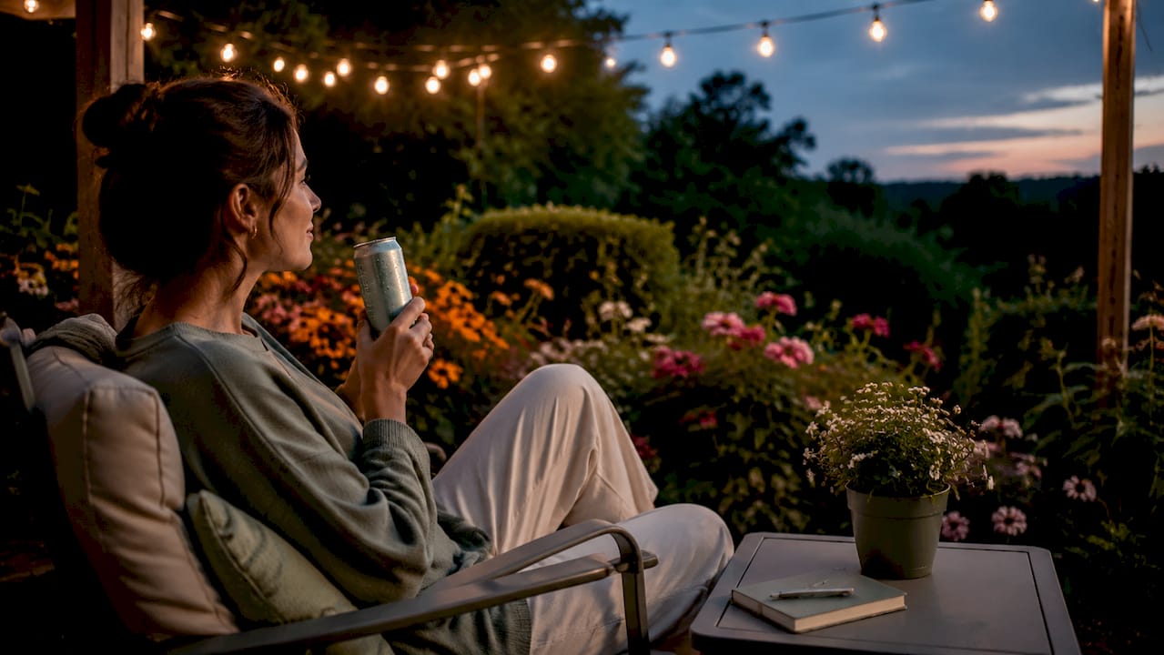 Woman relaxing with low-dose THC drink outdoors