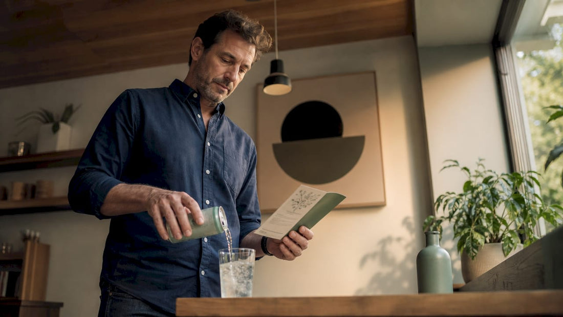 Man opening Delta 9 seltzer in kitchen