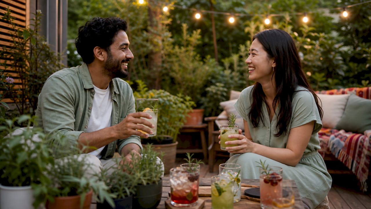 Adults enjoying non-alcoholic beverages at outdoor gathering