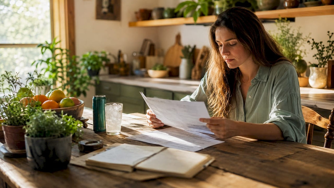 Woman reading hemp legal document with hemp drink