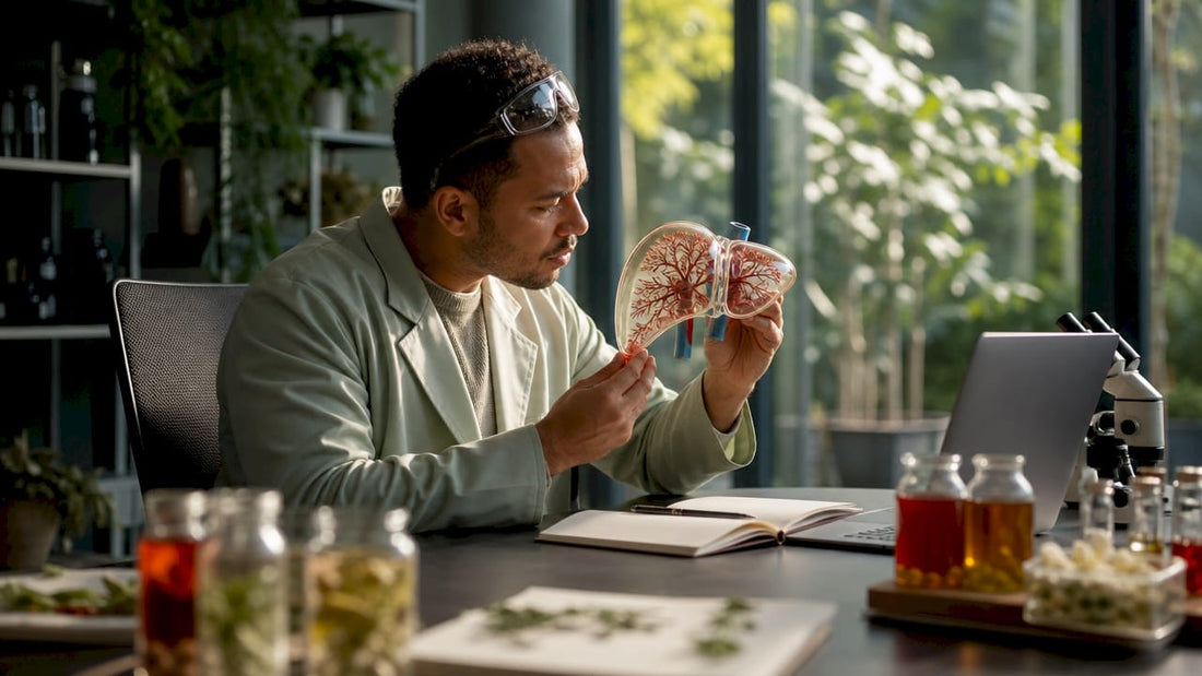 Scientist examining liver metabolism model