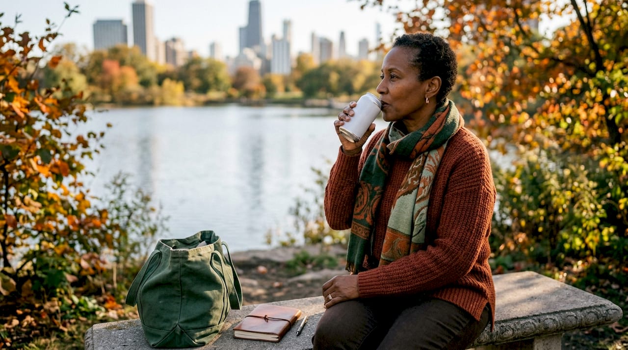Woman enjoying cannabis seltzer in park