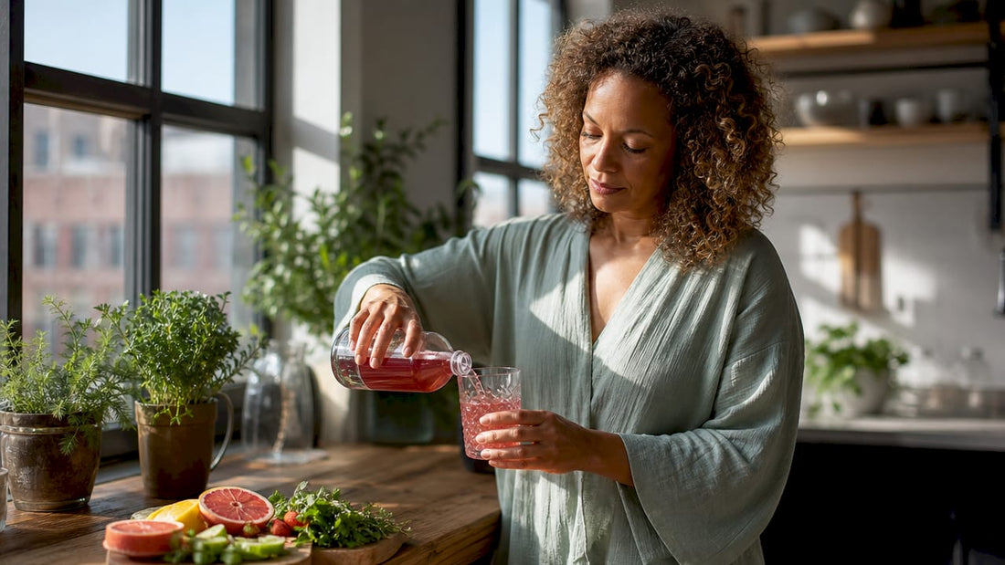 Woman pouring botanical tonic in kitchen