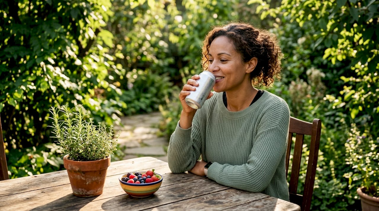 Woman sipping wellness THC drink at kitchen island