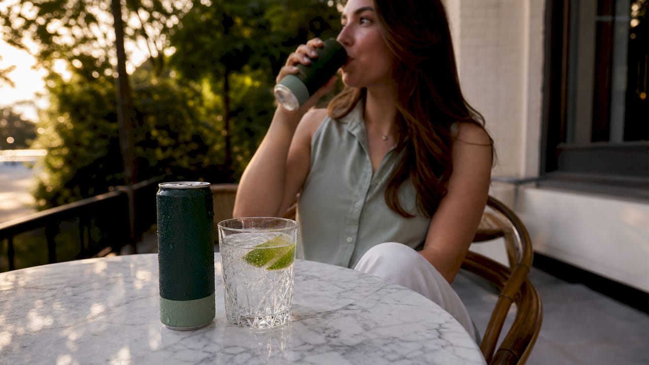 Chilled cannabis hard seltzer can with glass and woman drinking