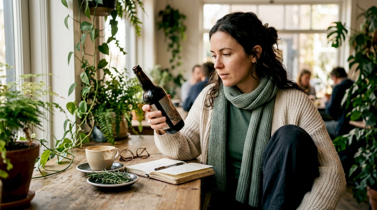 Adult woman examining THC beverage label at kitchen table