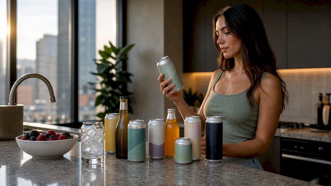 Woman sampling THC-infused beverages at home kitchen
