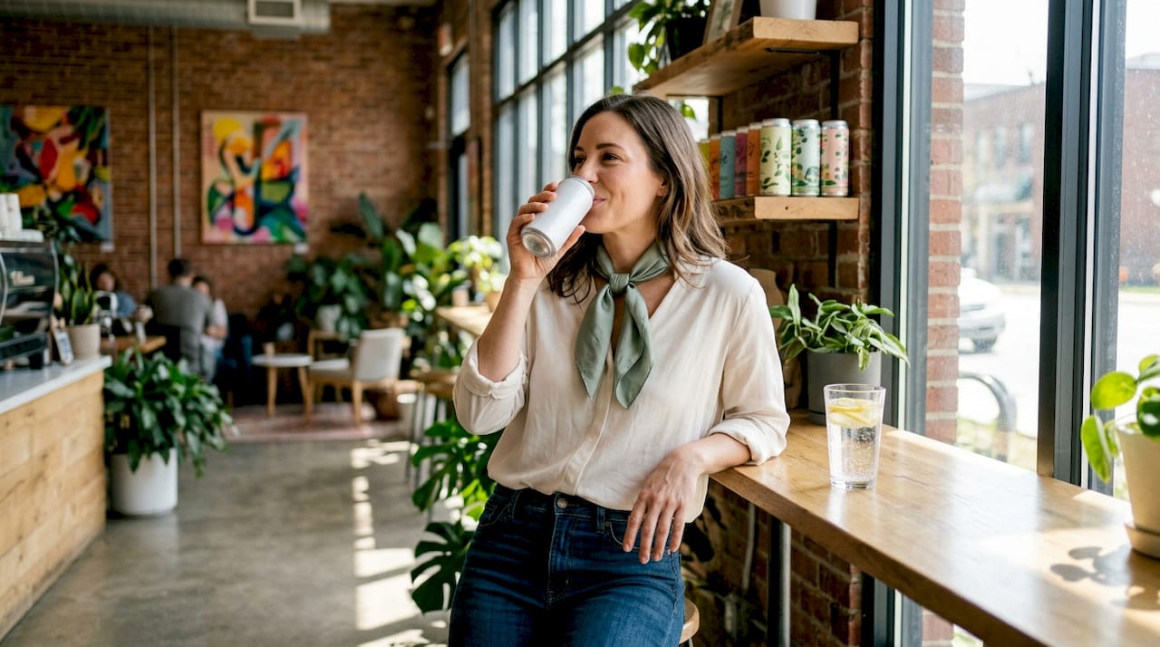 Woman holding THC seltzer can at kitchen island