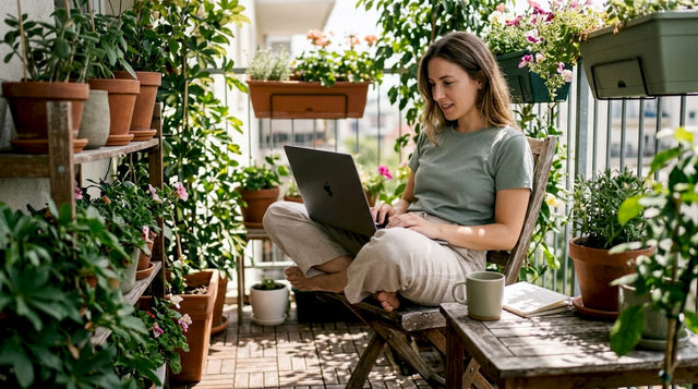 Woman browsing THC beverage options at kitchen table