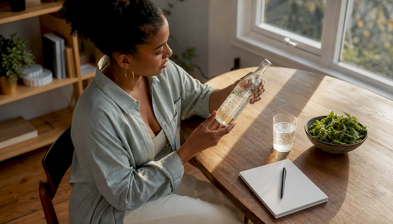 Woman holding hemp sparkling drink bottle