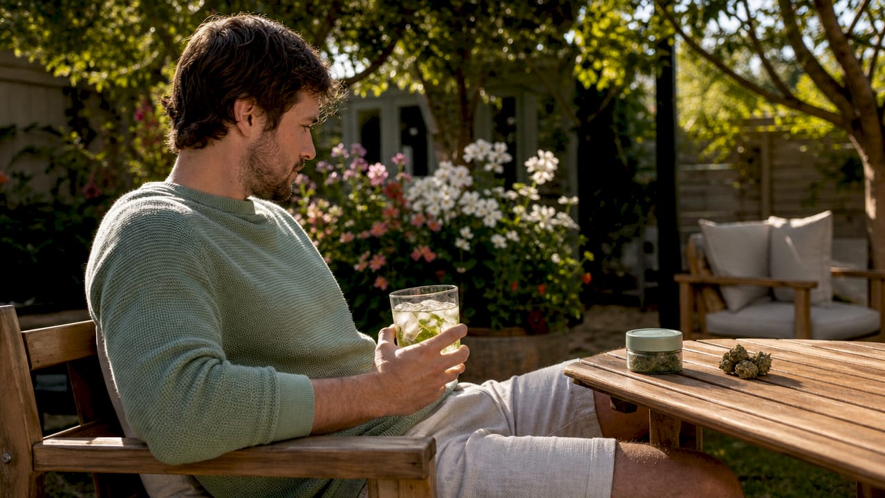 Adult male sitting outdoors with cannabis container