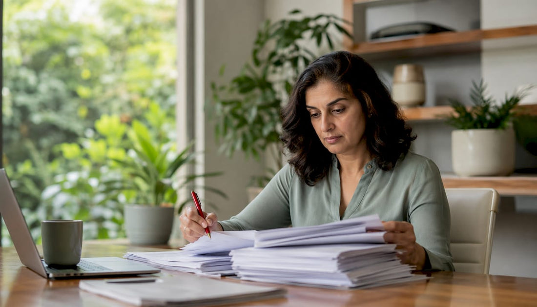 Woman reviewing cannabis supplier documents at conference table