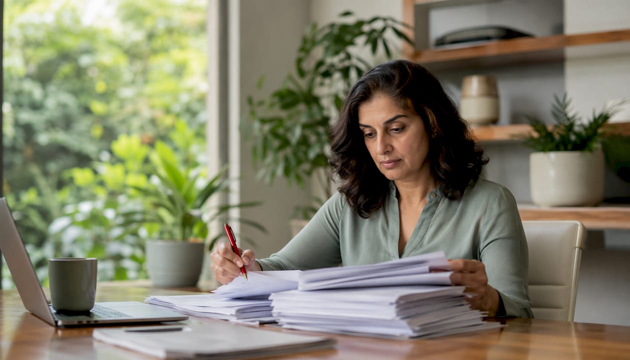 Woman reviewing cannabis supplier documents at conference table