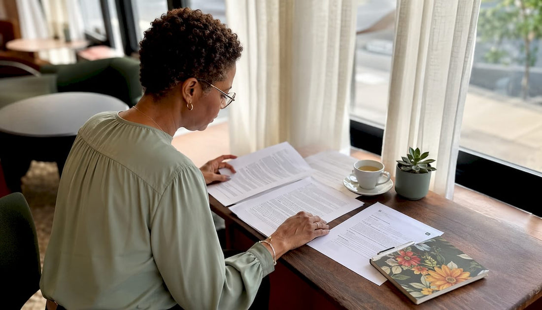Woman reviewing Farm Bill documents in home office