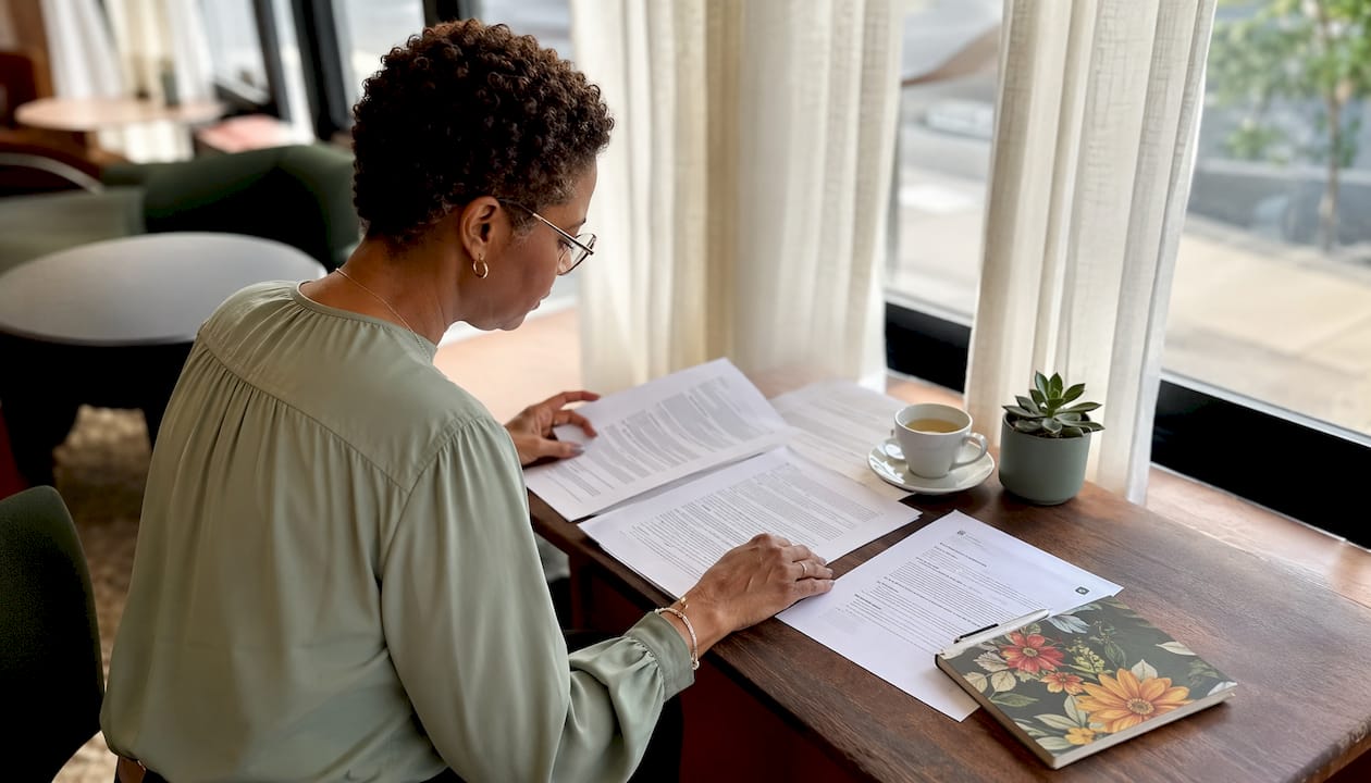 Woman reviewing Farm Bill documents in home office