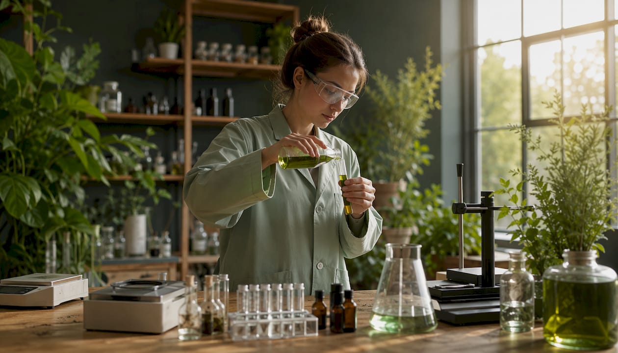 Lab technician handling hemp beverage sample