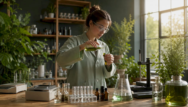 Lab technician handling hemp beverage sample