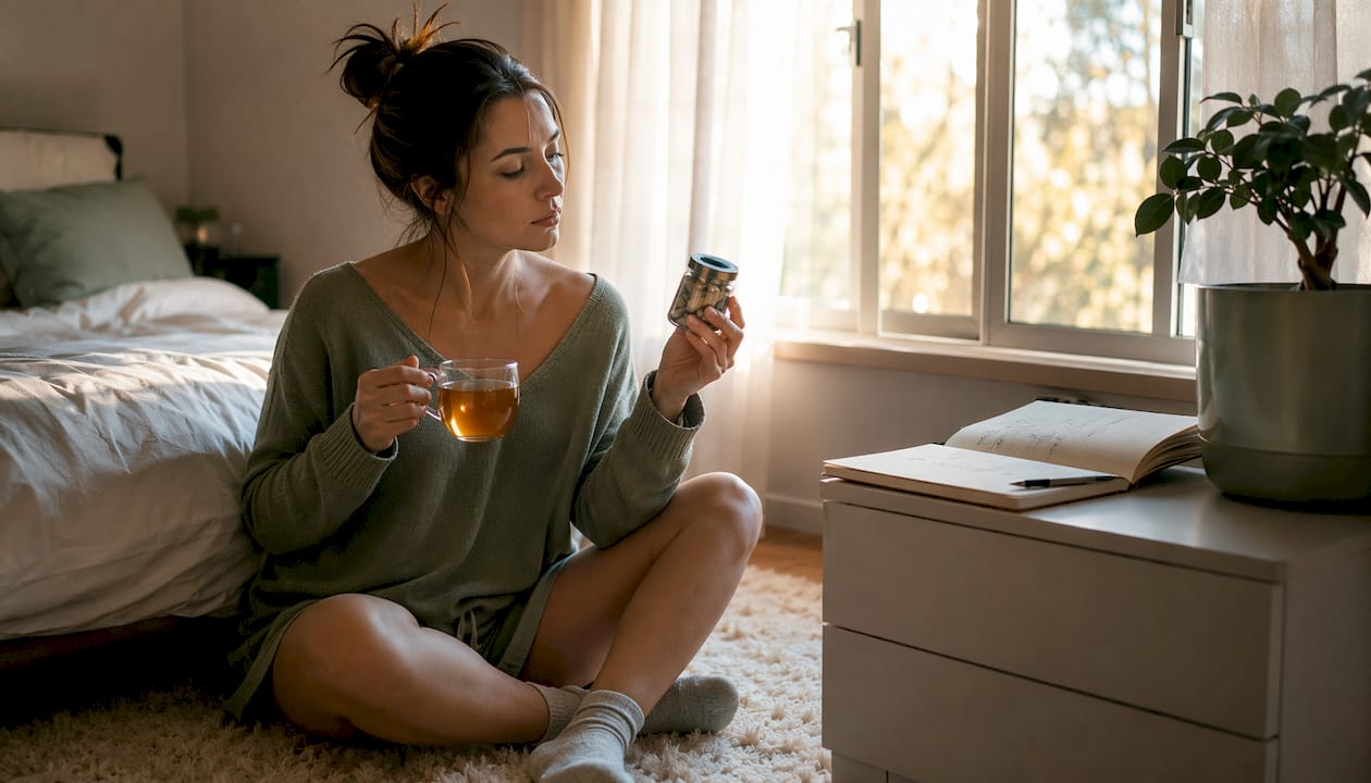 Woman reviewing THC capsules at home