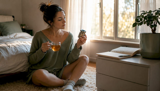 Woman reviewing THC capsules at home