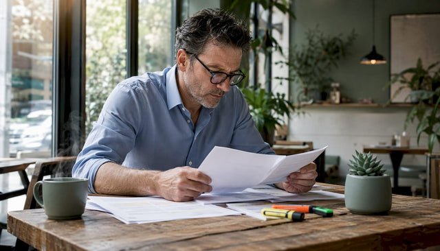 Man reviewing hemp THC legal papers at desk