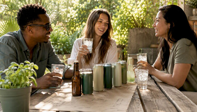Group tasting THC drinks in cozy living room