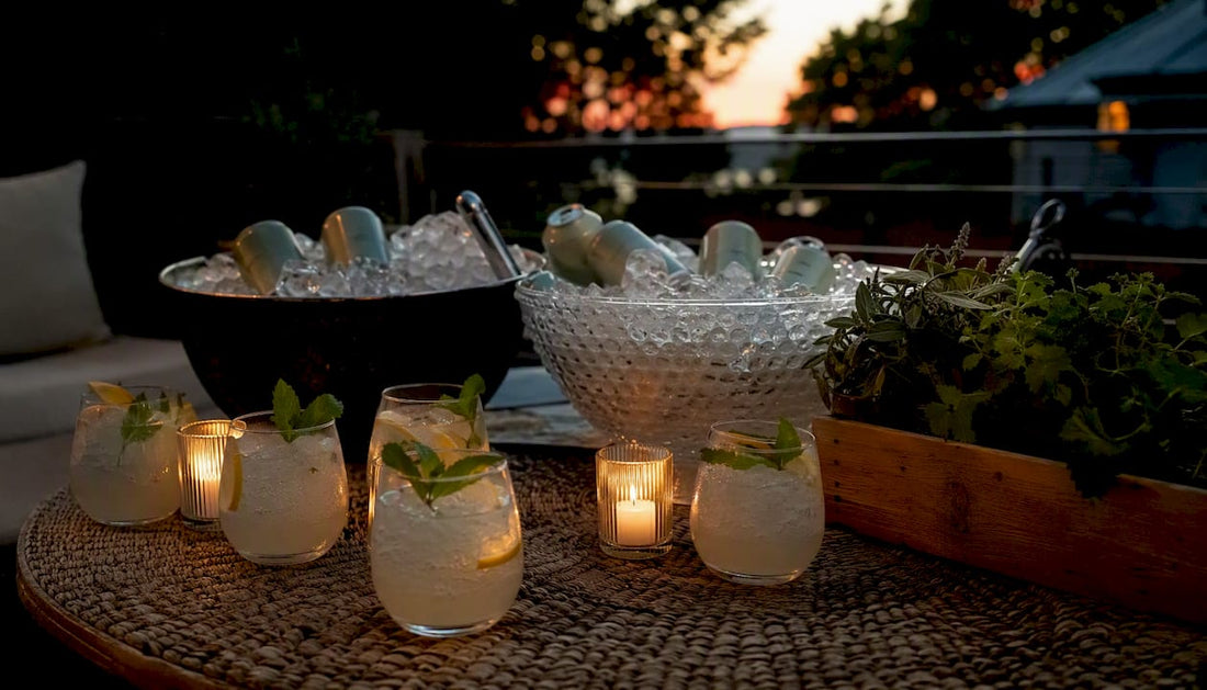 Table with THC seltzer cans and garnished glasses