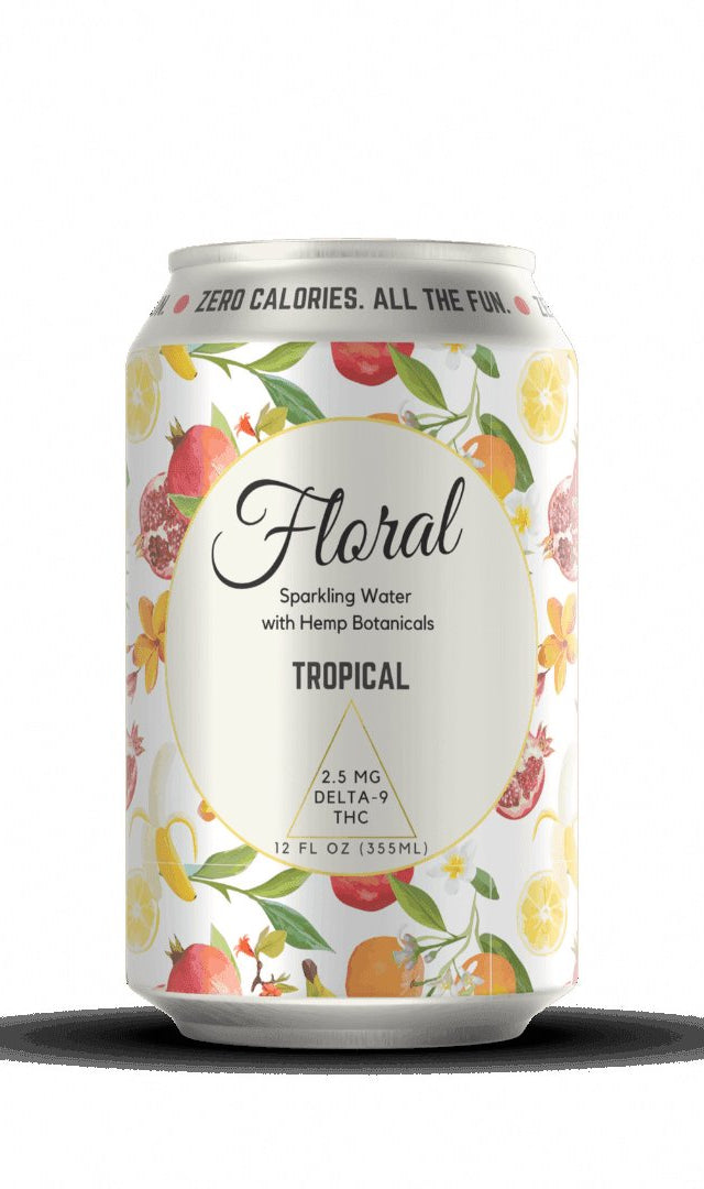 Tropical THC Seltzer with vibrant tropical fruit flavors, cannabis-infused for a refreshing and uplifting beverage experience.