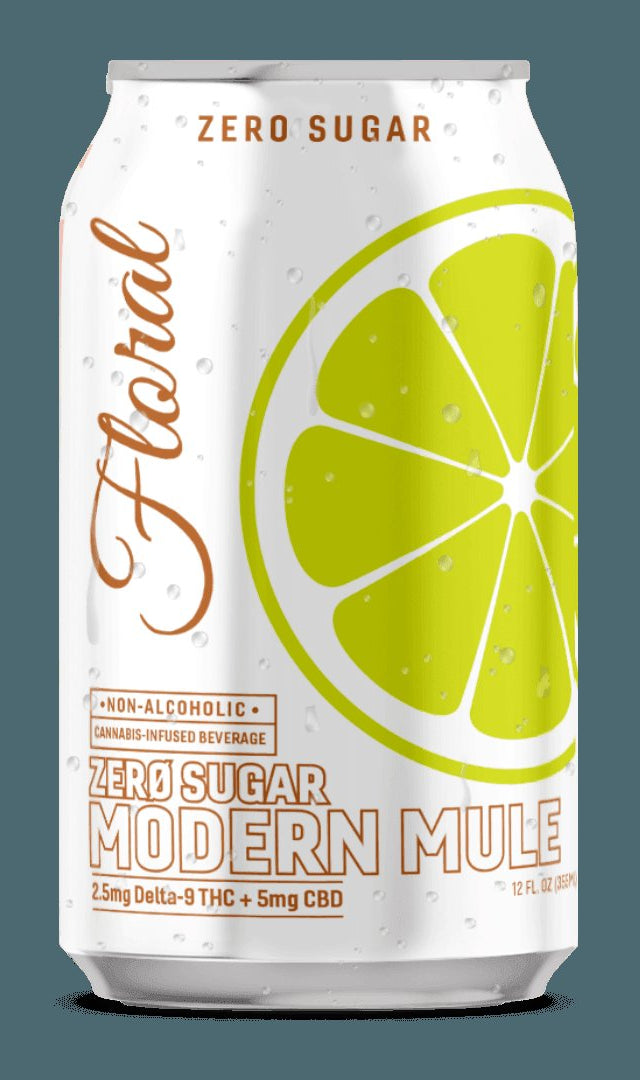 Floral THC Modern Mule Zero Sugar cannabis-infused drink with botanical flavors and no added sugar, refreshing and premium beverage.