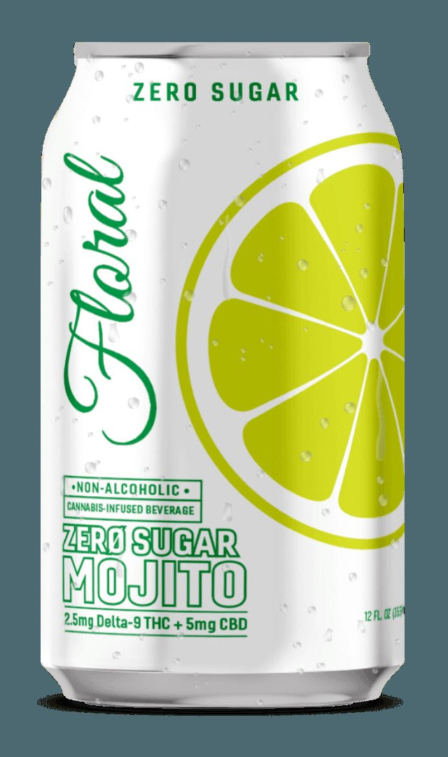 Floral THC Mojito Zero Sugar cannabis-infused drink featuring minty, citrus flavors with no added sugar, refreshing and modern beverage.
