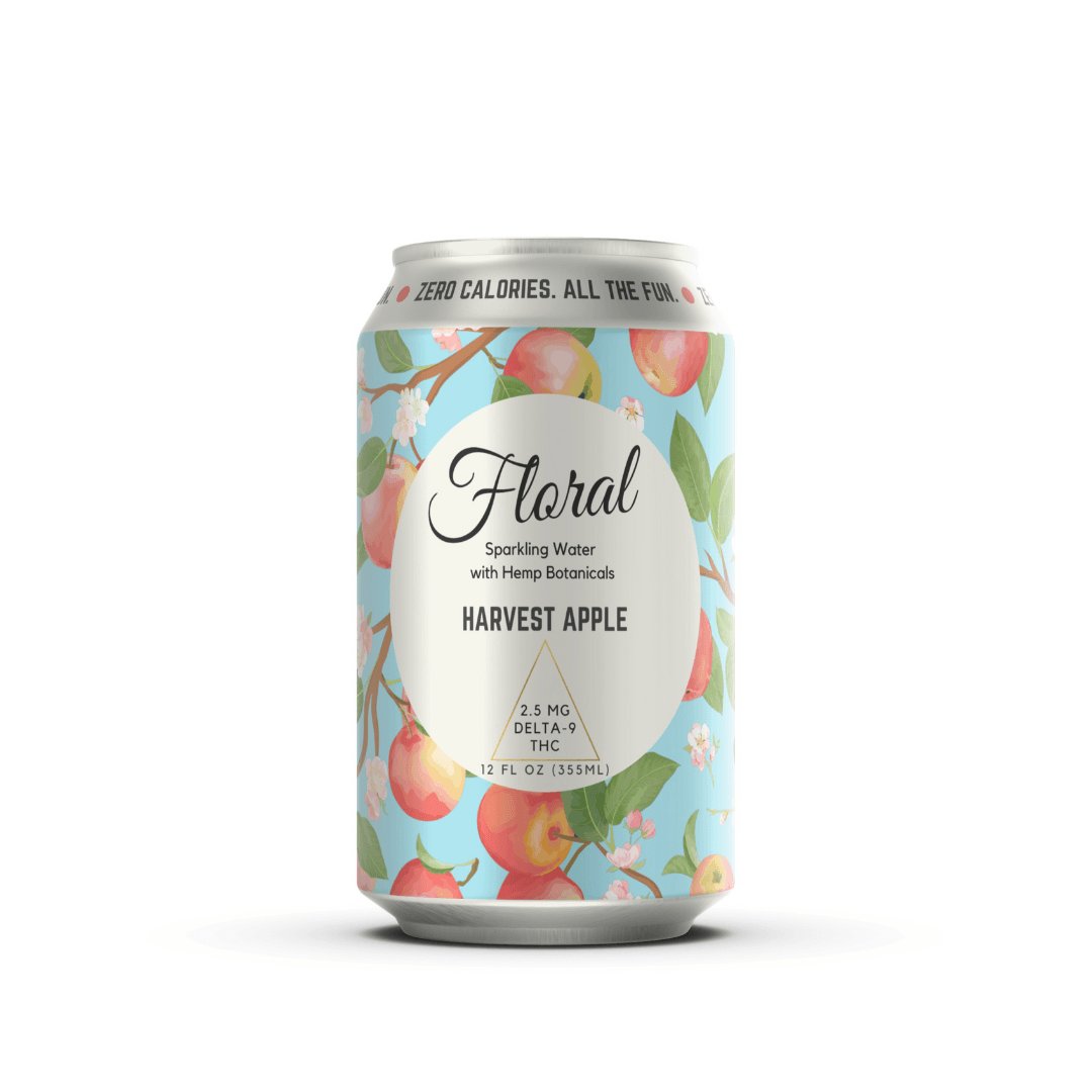 Harvest Apple THC Seltzer with crisp, juicy apple flavor, a cannabis-infused sparkling beverage perfect for fall refreshment.