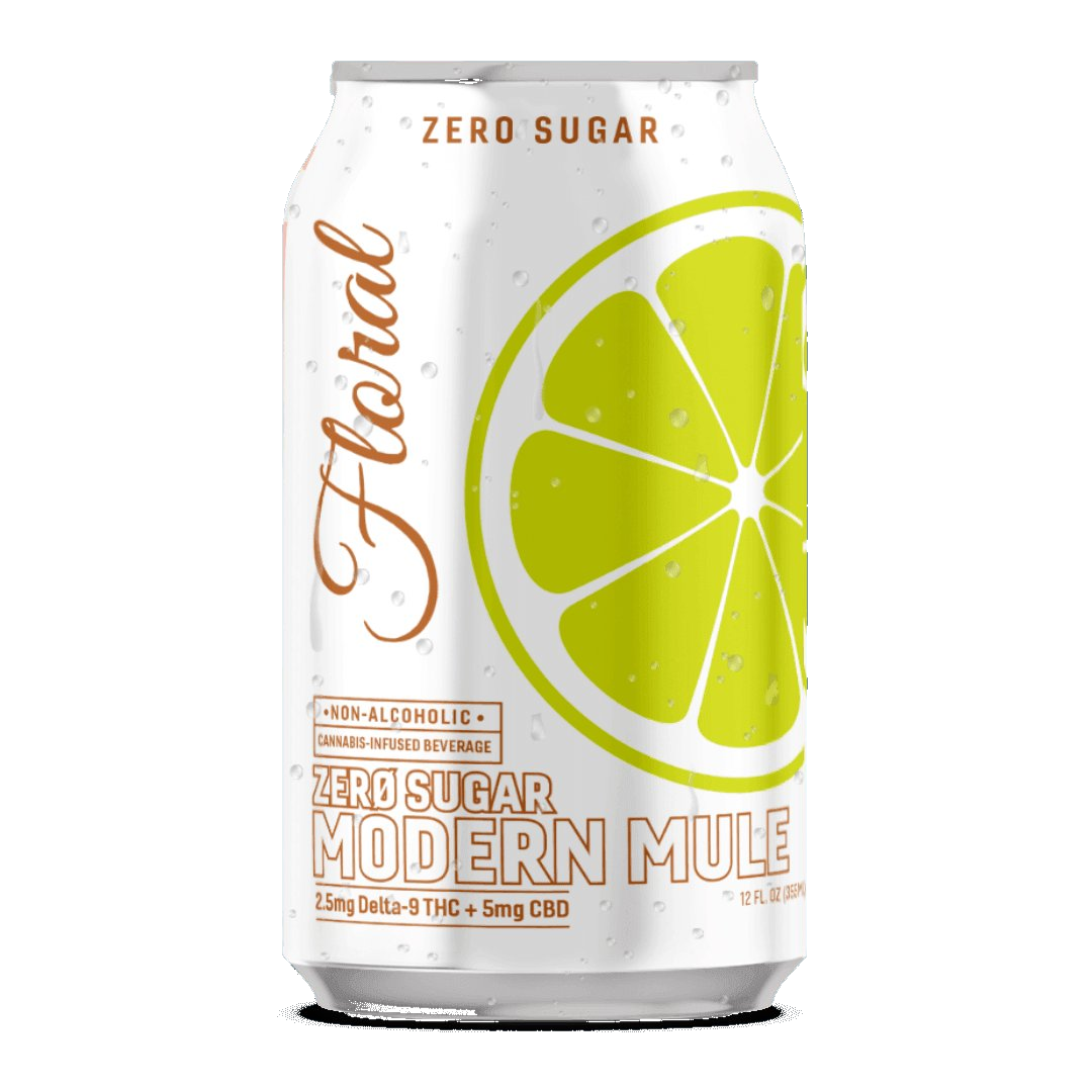 Floral THC Modern Mule Zero Sugar cannabis-infused drink with botanical flavors and no added sugar, refreshing and premium beverage.