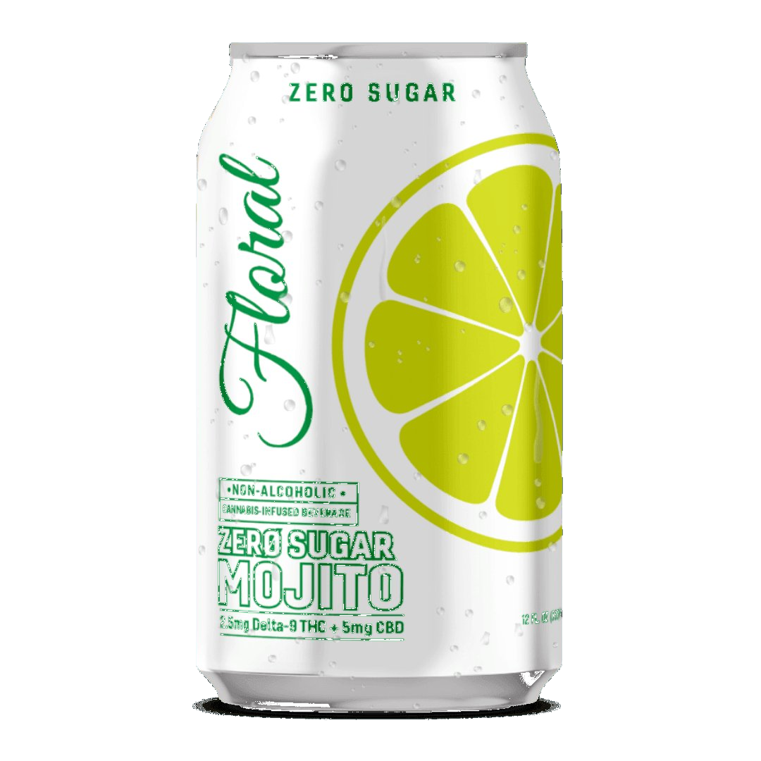 Floral THC Mojito Zero Sugar cannabis-infused drink featuring minty, citrus flavors with no added sugar, refreshing and modern beverage.