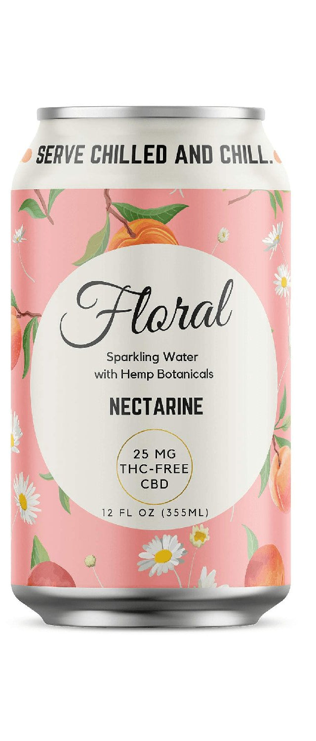 Nectarine CBD Sparkling Water with natural fruit flavor, infused with CBD for a refreshing and calming beverage experience.