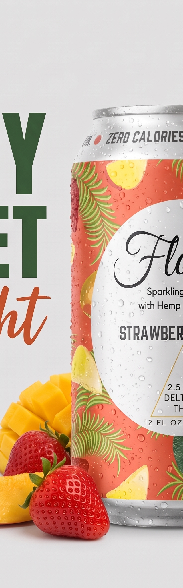 Strawberry Mango seltzer descriptor card — Juicy, Sweet & Bright