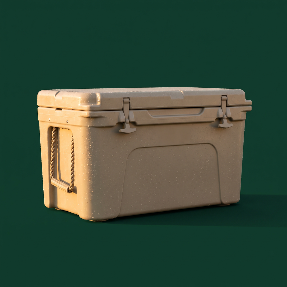Tan YETI cooler on a green background