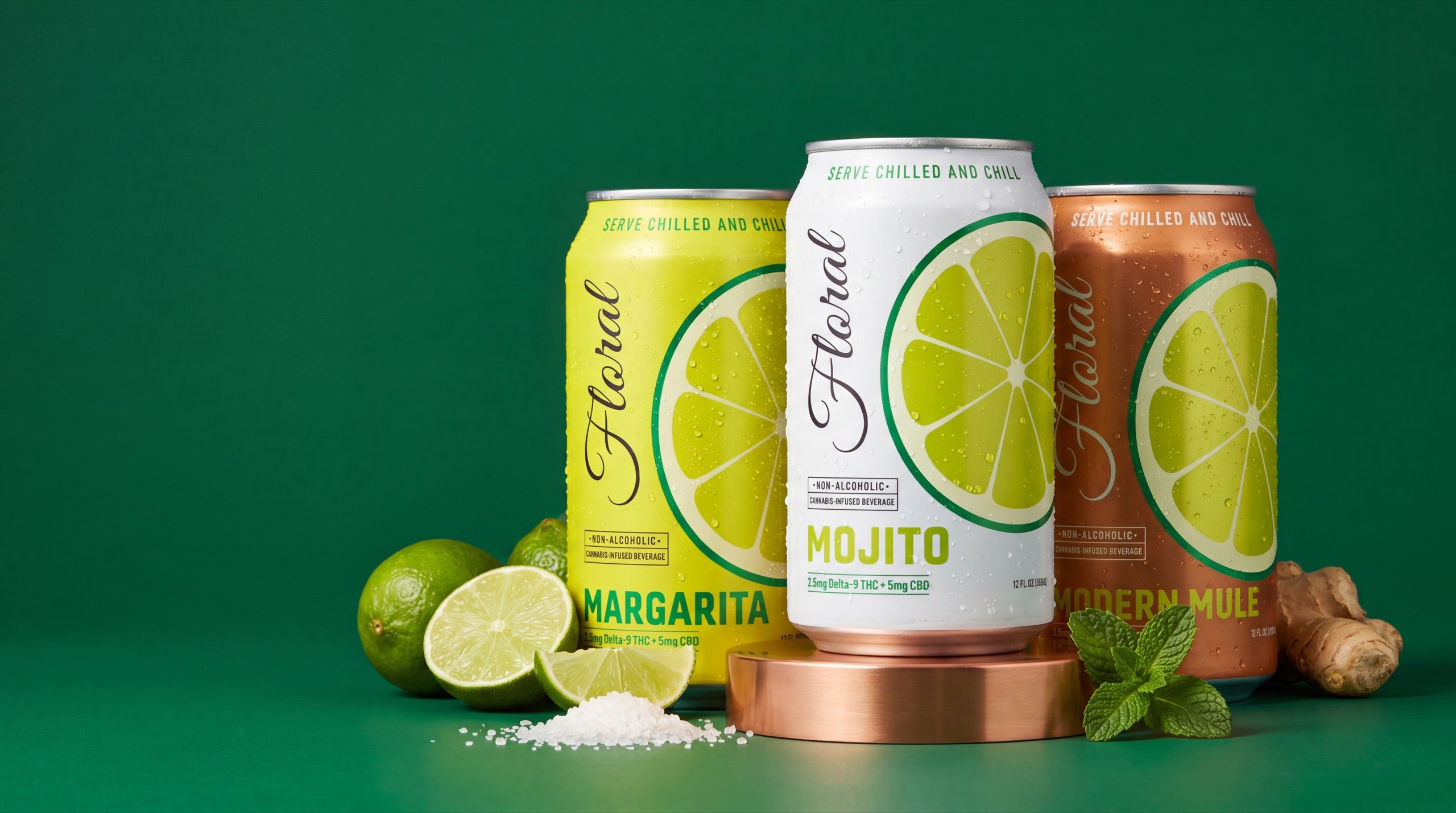 Floral Margarita, Mojito, and Modern Mule THC cocktail cans with fresh lime and salt
