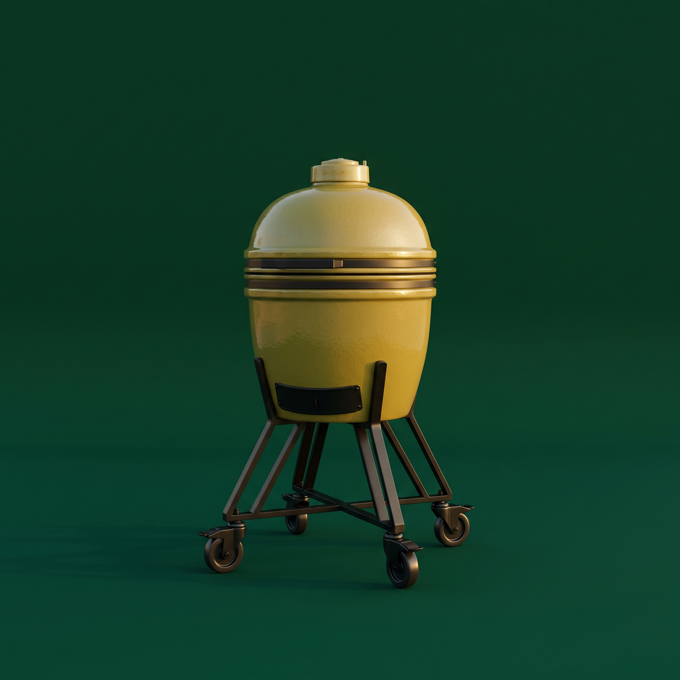 Big Green Egg ceramic grill on a rolling stand