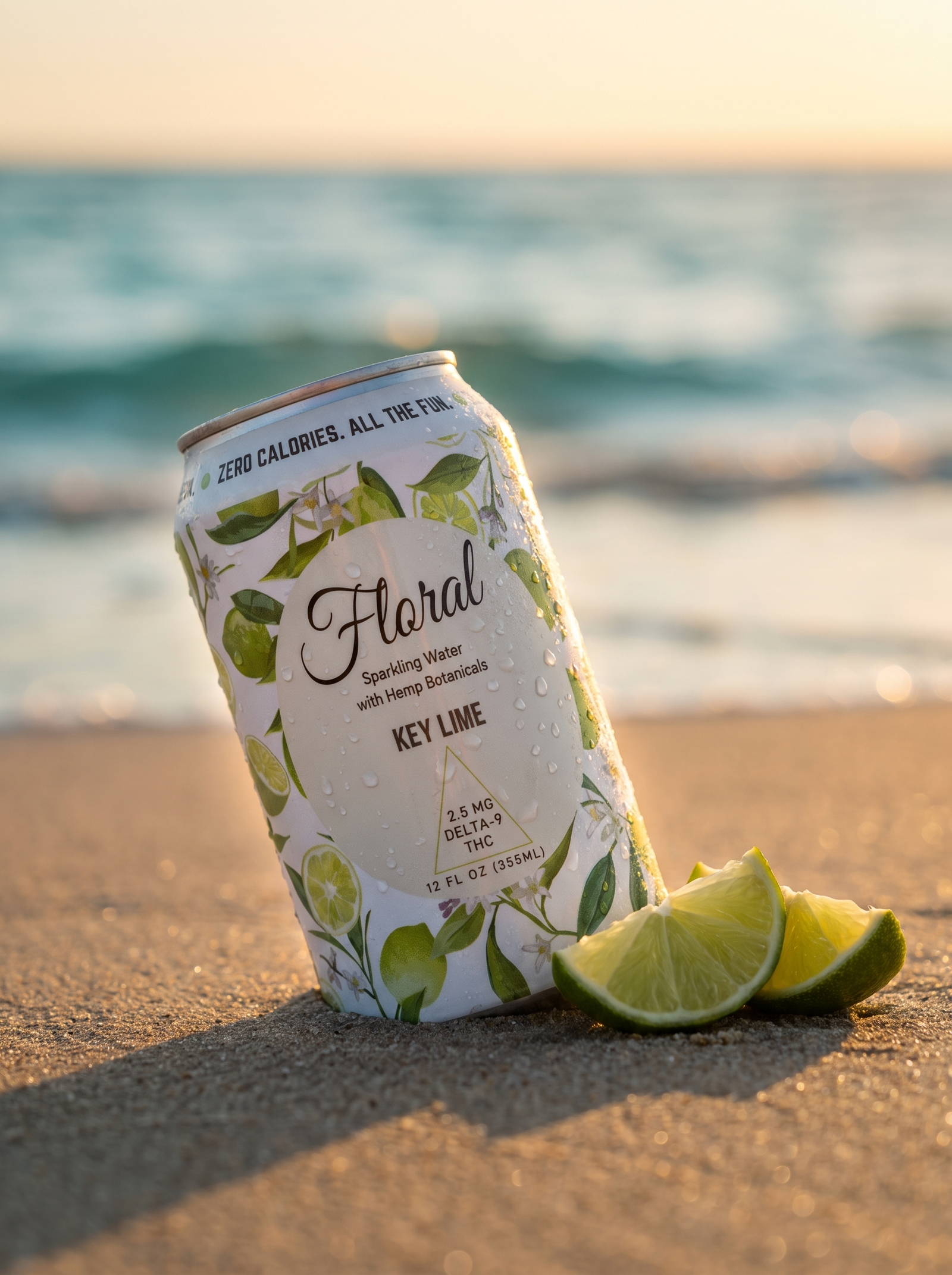 Floral Key Lime THC seltzer can in the sand at the beach with lime wedges